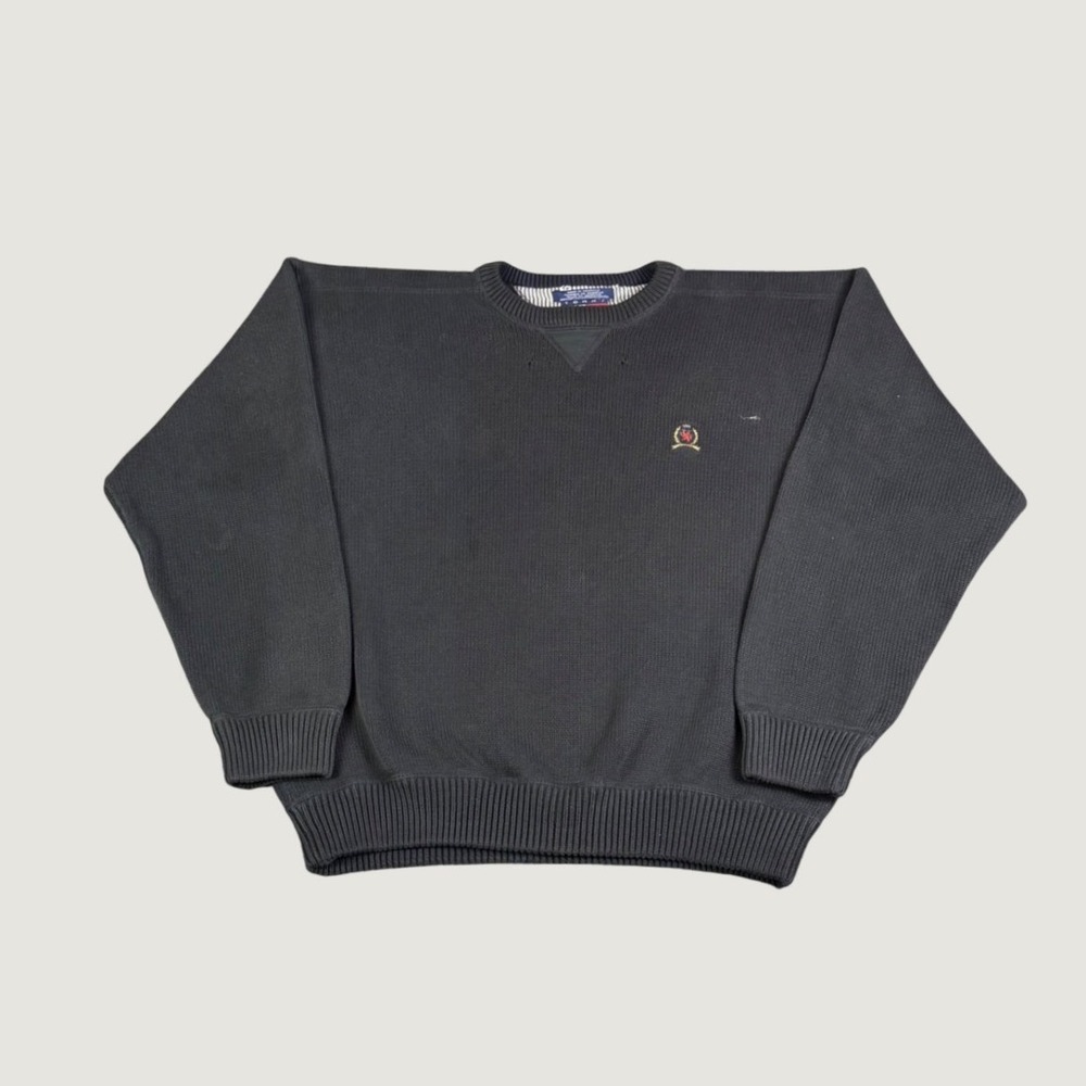 Tommy Hilfiger Mens XL Black Cotton Knit Crewneck Crest Logo Sweater Vintage